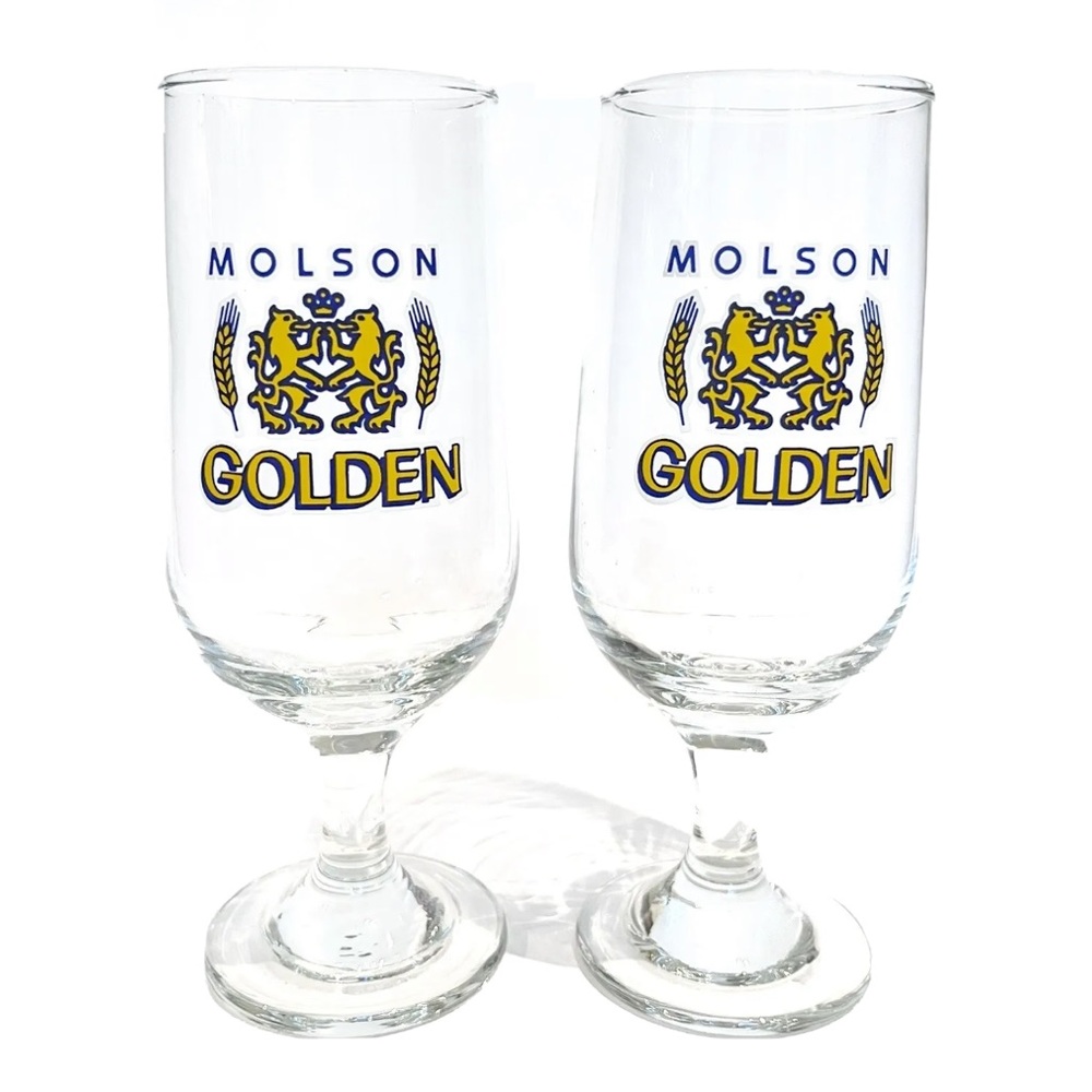 Molson Golden Beer Glasses with Stem Set of 2 Yellow Lion Crest Design Barware